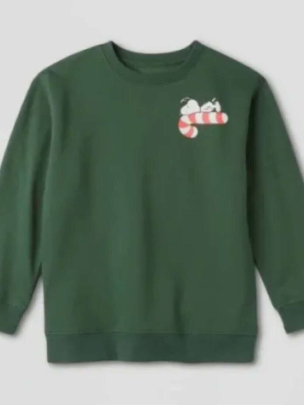 Peanuts Medium Kids Green Snoopy Candy Cane Christmas Crewneck Sweatshirt